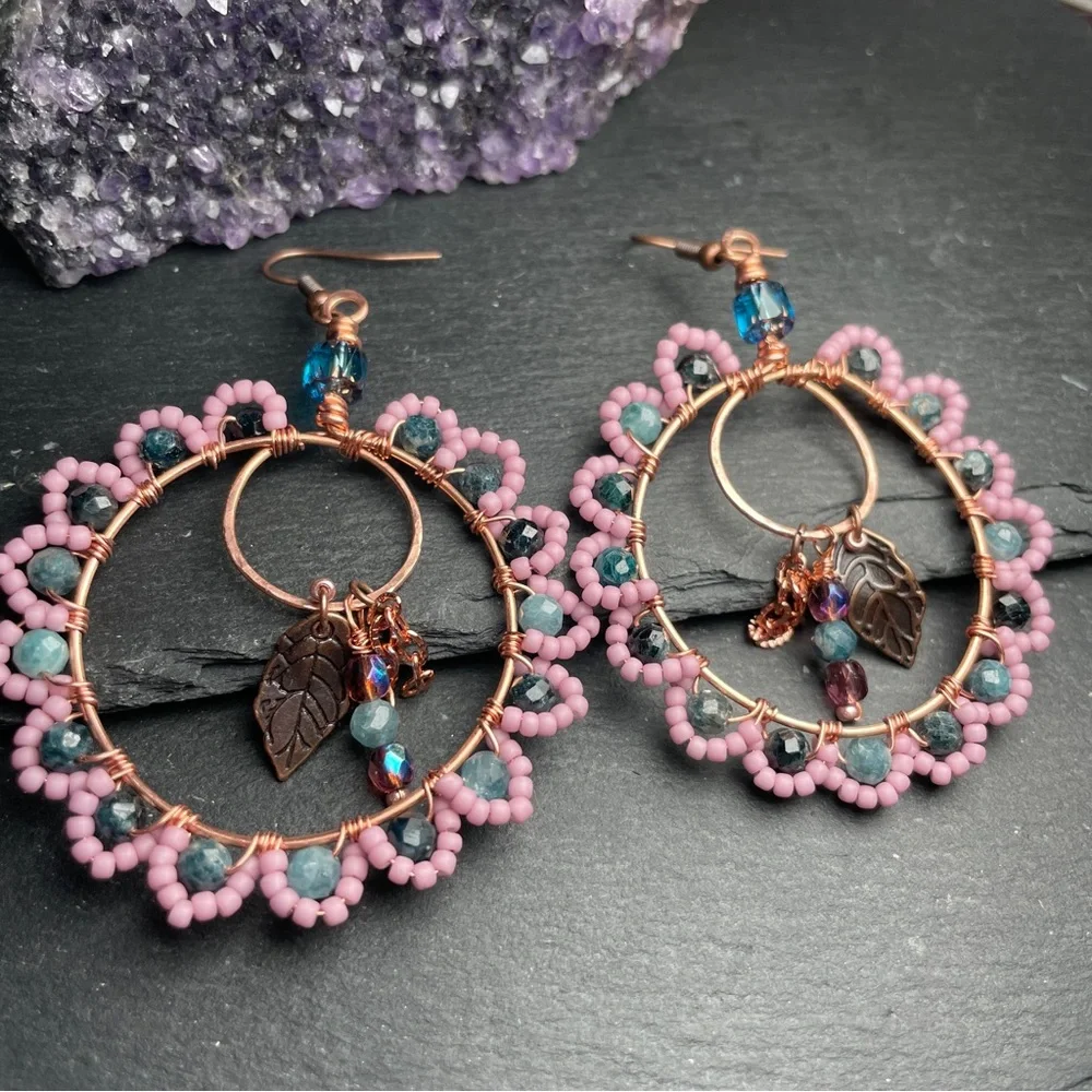 Midnight Garden Tourmaline Hoops Copper Artisan Earrings
